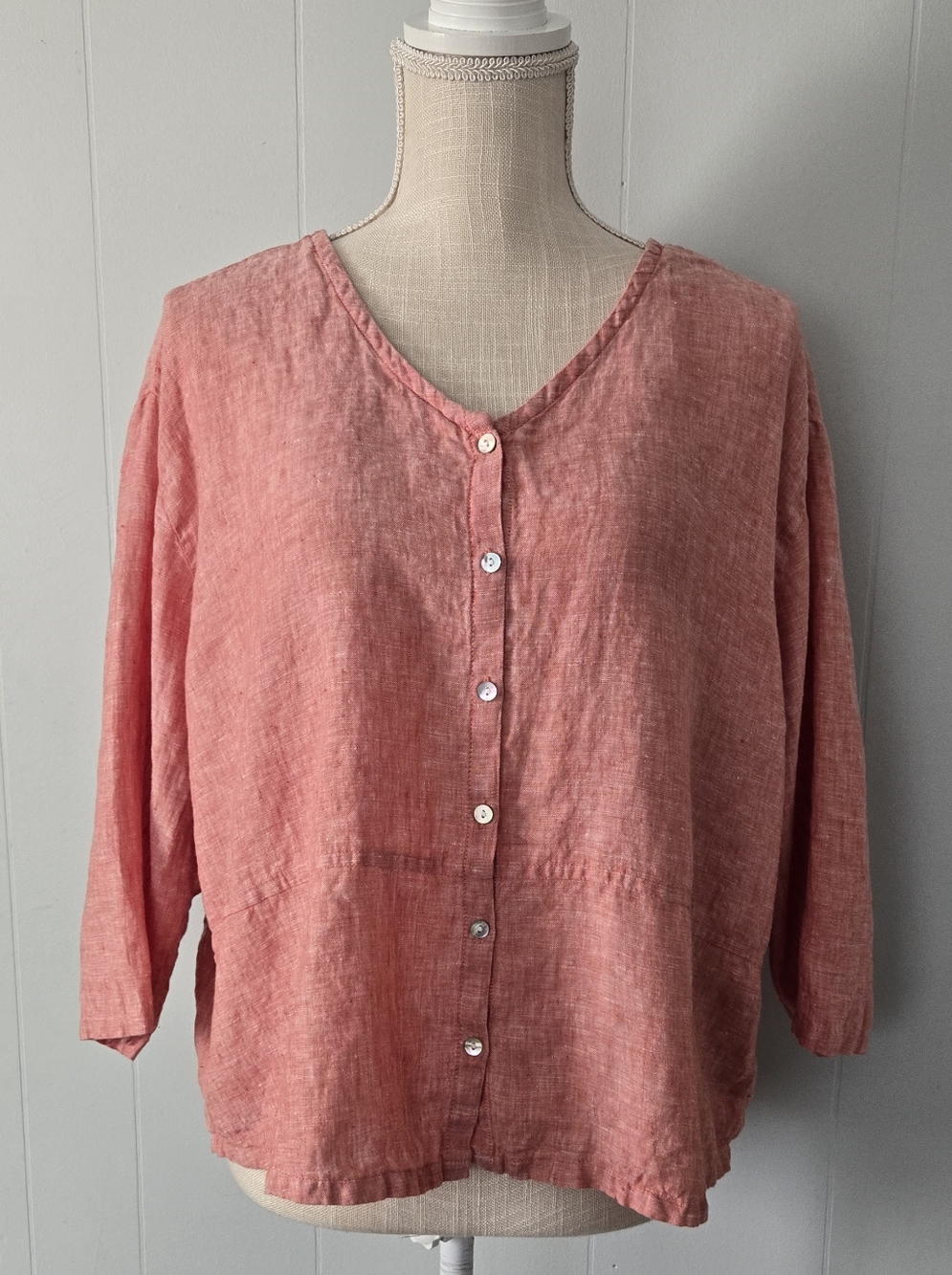 Sigrid Olsen Coral-Pink Linen Button-Front Blouse - Picture 6 of 6